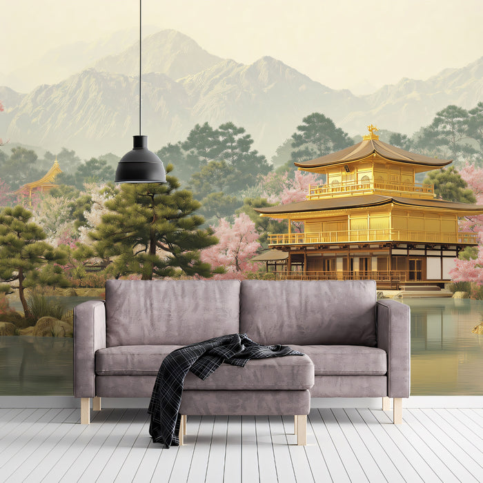 Zen Japanese Temple Wallpaper, Kyoto Golden Pavilion Wall Mural, Spring Sakura Landscape Decor