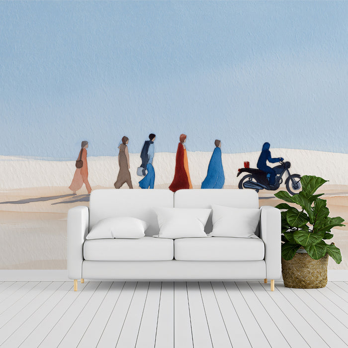 Minimalist Desert Landscape Wallpaper | Watercolor Nomad Journey Mural | Serene Blue Sky Boho Wall Art