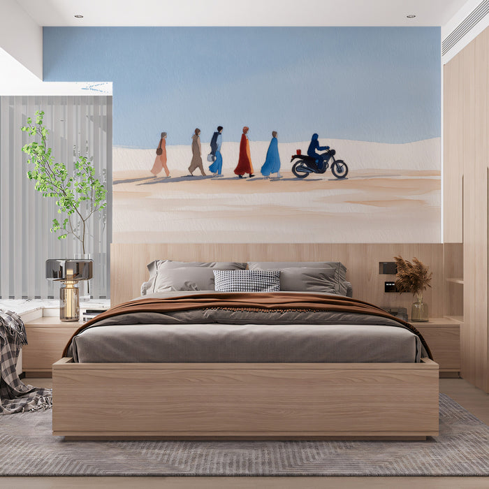 Minimalist Desert Landscape Wallpaper | Watercolor Nomad Journey Mural | Serene Blue Sky Boho Wall Art