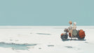 Anime-style mural showing two travelers on a motorcycle across a vast, pale white salt flat under a soft blue sky.