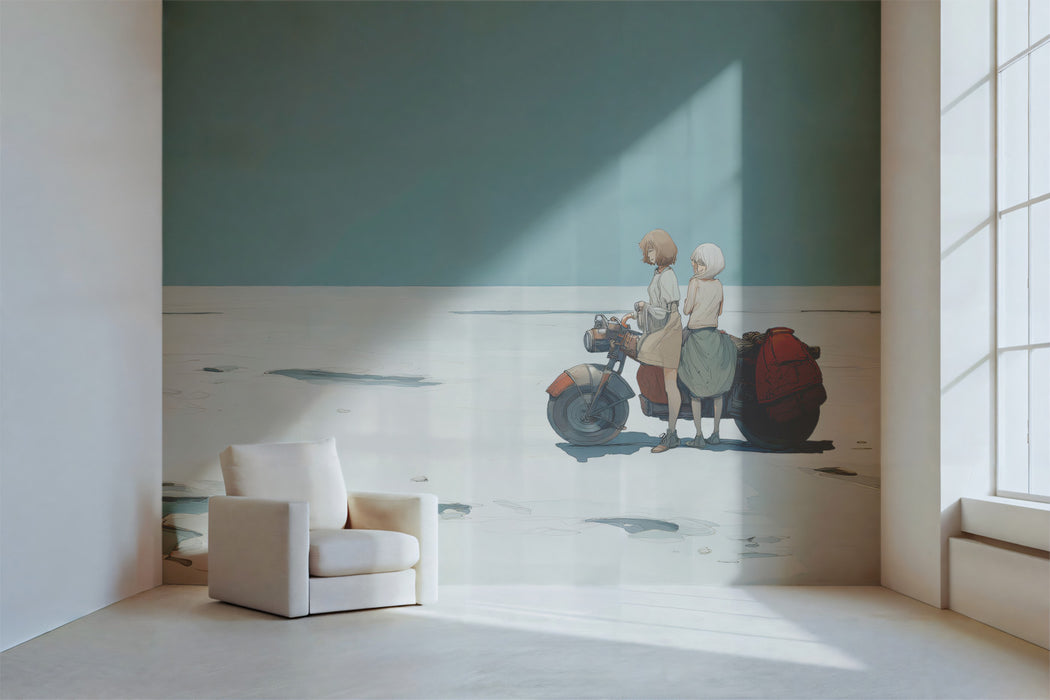 A minimalist home office featuring a calming desert landscape mural to provide a wide, open view.