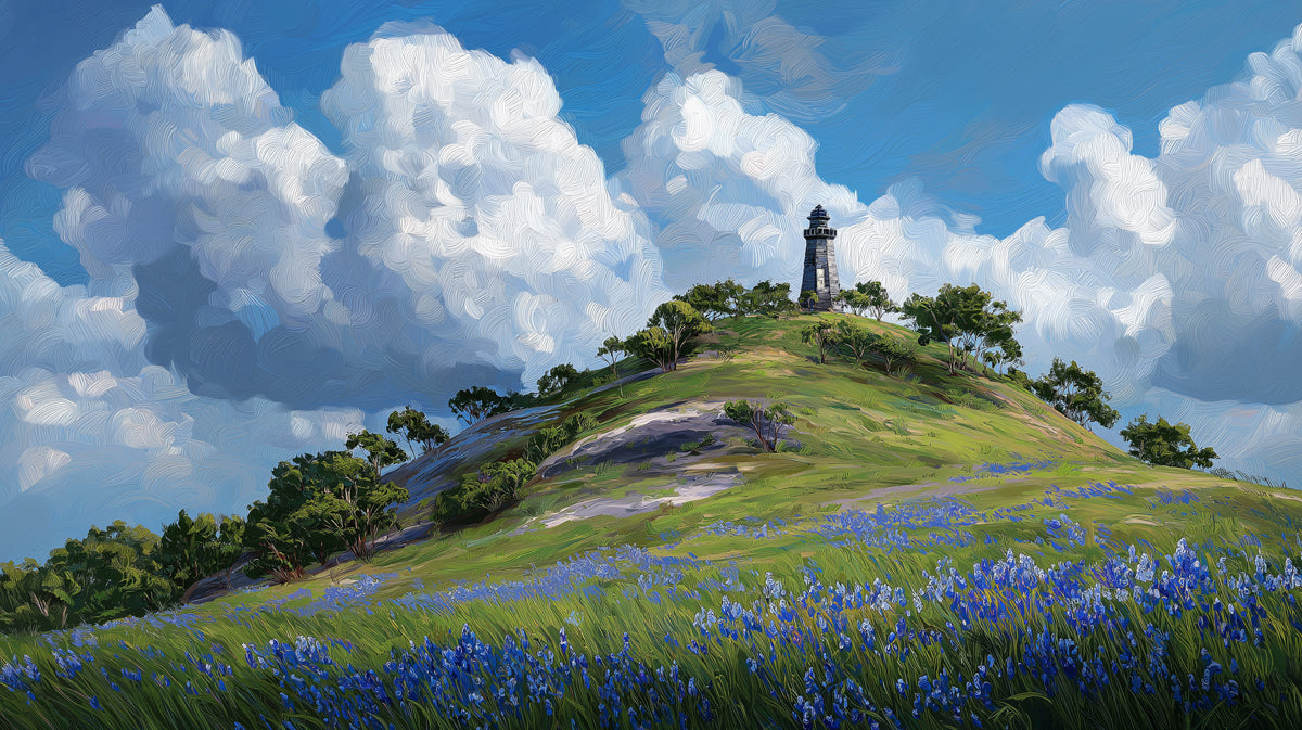 Vibrant Lighthouse Hill Wallpaper, Impasto Wildflower Wall Mural, Serene Coastal Nature Decor