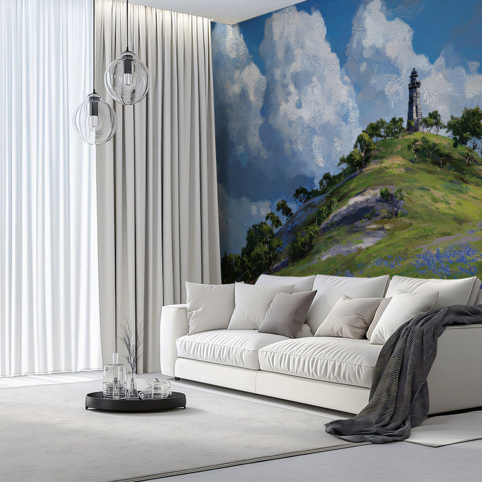 Vibrant Lighthouse Hill Wallpaper, Impasto Wildflower Wall Mural, Serene Coastal Nature Decor