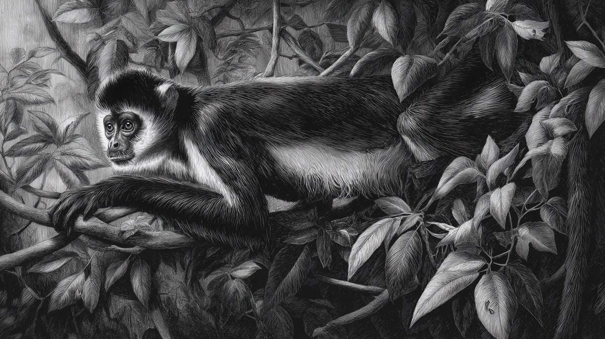Colobus Monkey Jungle Wallpaper, Black and White Wildlife Wall Mural, Detailed Wilderness Etching for Study