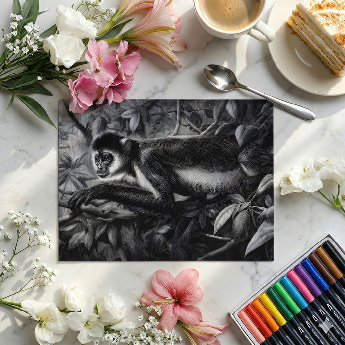 Colobus Monkey Jungle Wallpaper, Black and White Wildlife Wall Mural, Detailed Wilderness Etching for Study