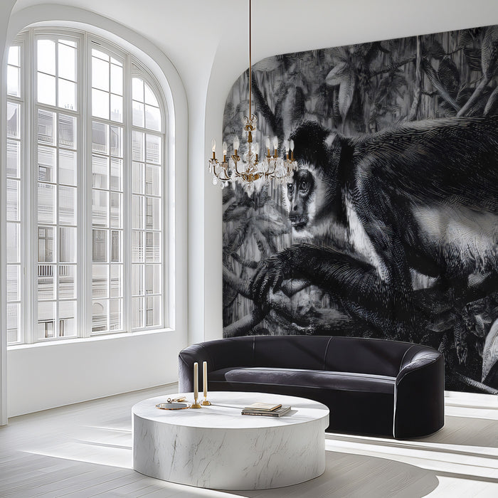 Colobus Monkey Jungle Wallpaper, Black and White Wildlife Wall Mural, Detailed Wilderness Etching for Study