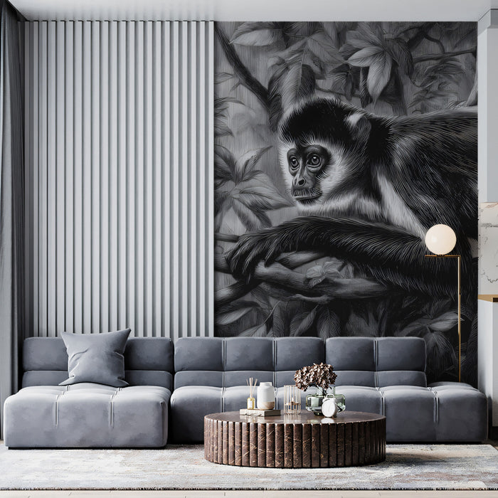 Colobus Monkey Jungle Wallpaper, Black and White Wildlife Wall Mural, Detailed Wilderness Etching for Study