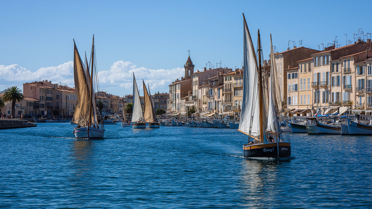 European Harbor Panorama Wallpaper, Mediterranean Sailboats Wall Mural, Saint-Tropez Coastal Travel Decor