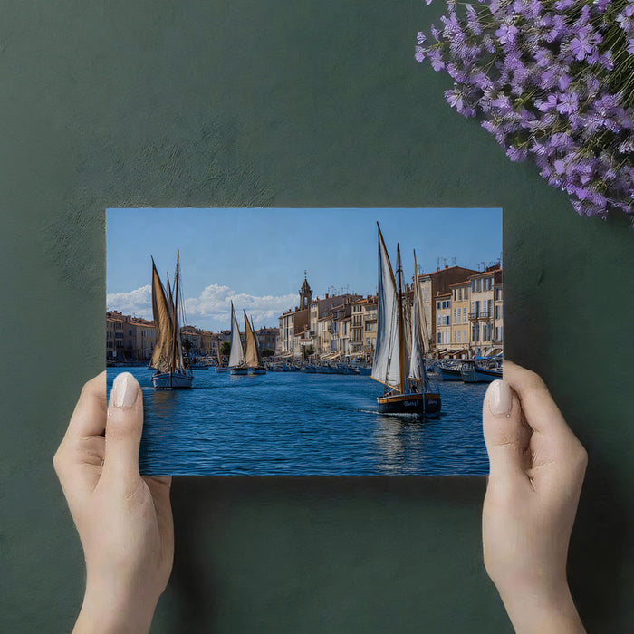 European Harbor Panorama Wallpaper, Mediterranean Sailboats Wall Mural, Saint-Tropez Coastal Travel Decor