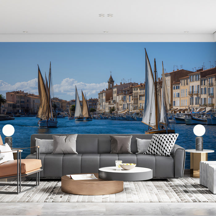 European Harbor Panorama Wallpaper, Mediterranean Sailboats Wall Mural, Saint-Tropez Coastal Travel Decor