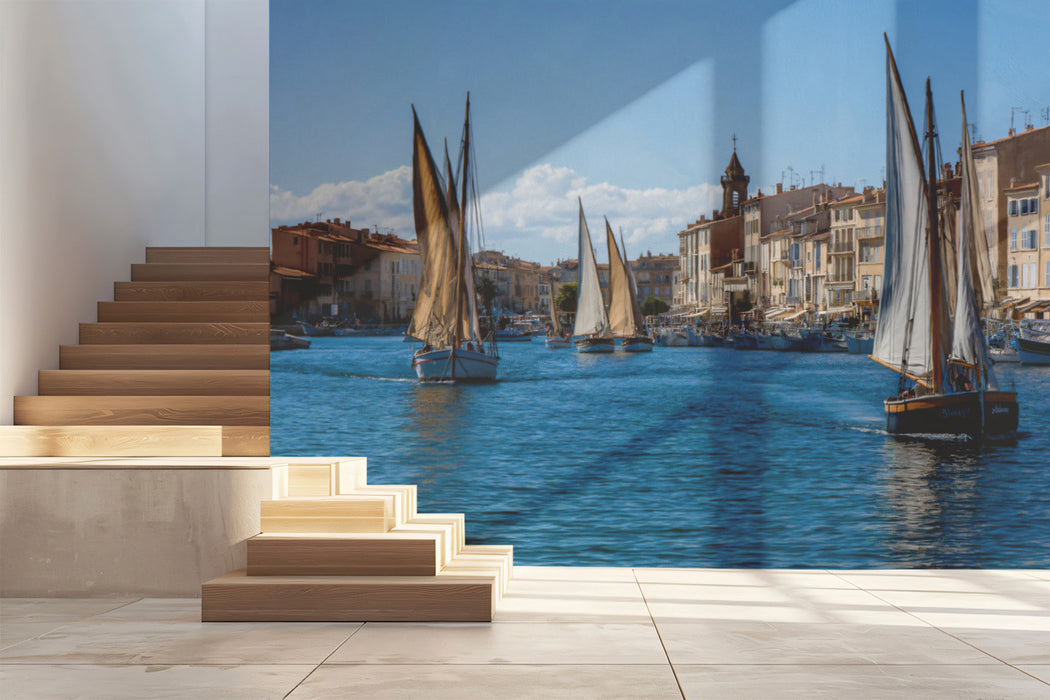 European Harbor Panorama Wallpaper, Mediterranean Sailboats Wall Mural, Saint-Tropez Coastal Travel Decor