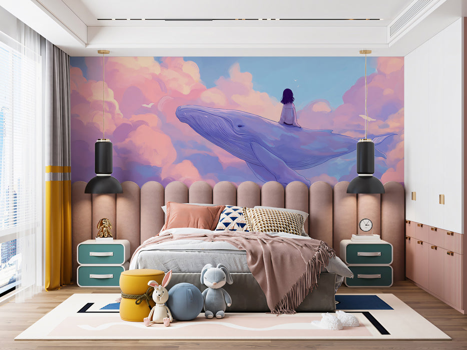 Fantasy Whale Cloud Wall Mural Custom Size, Peel and Stick or Non-Woven, Magical Sky Wallpaper for Bedroom Nursery Children's Room