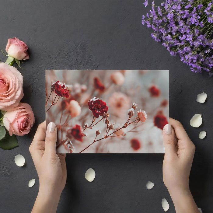 Winter Frosted Red Roses Wall Mural Custom Size, Peel and Stick or Non-Woven, Romantic Floral Wallpaper for Bedroom or cafe