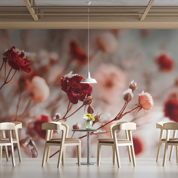 Winter Frosted Red Roses Wall Mural Custom Size, Peel and Stick or Non-Woven, Romantic Floral Wallpaper for Bedroom or cafe