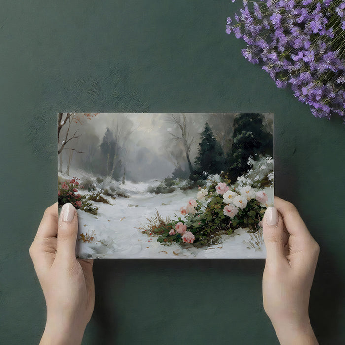 Winter Forest Rose Path Wall Mural Custom Size, Peel and Stick or Non-Woven, Scenic Oil Painting Wallpaper for Dining room or Study