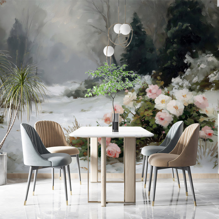 Winter Forest Rose Path Wall Mural Custom Size, Peel and Stick or Non-Woven, Scenic Oil Painting Wallpaper for Dining room or Study