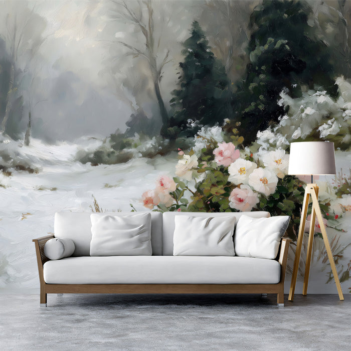Winter Forest Rose Path Wall Mural Custom Size, Peel and Stick or Non-Woven, Scenic Oil Painting Wallpaper for Dining room or Study