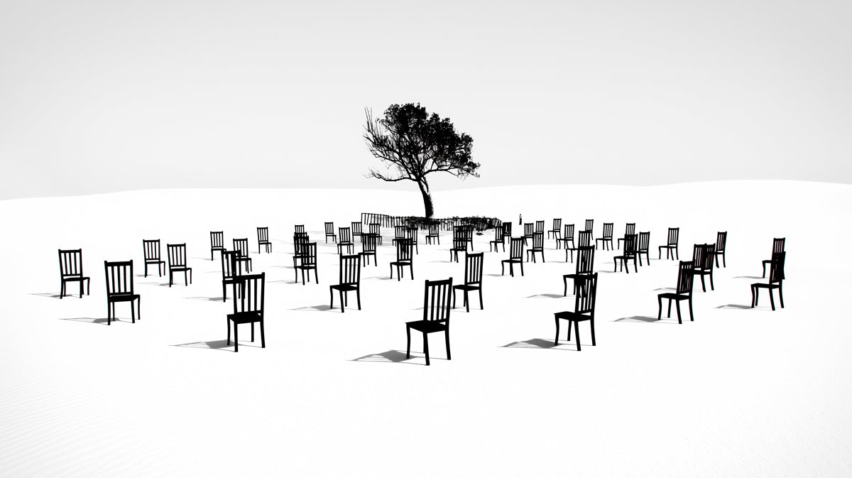 Surreal Circular Chairs and Tree Wall Mural Custom Size, Peel and Stick or Non-Woven, Black and White Abstract Wallpaper for Office Studio