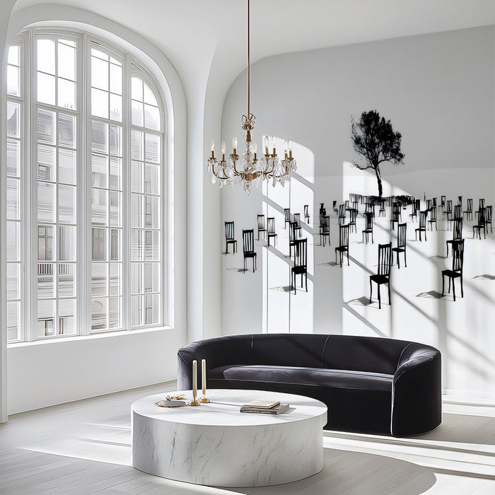 Surreal Circular Chairs and Tree Wall Mural Custom Size, Peel and Stick or Non-Woven, Black and White Abstract Wallpaper for Office Studio