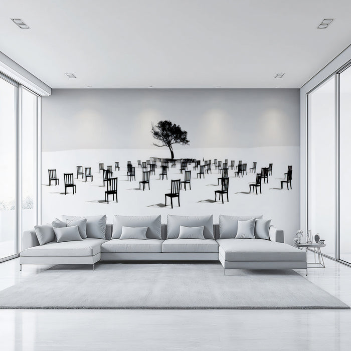 Surreal Circular Chairs and Tree Wall Mural Custom Size, Peel and Stick or Non-Woven, Black and White Abstract Wallpaper for Office Studio