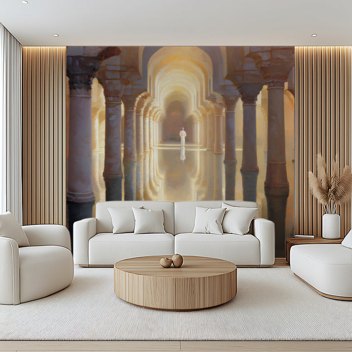 Golden Moorish Column Reflections Wall Mural Custom Size, Peel and Stick or Non-Woven, Classical Architecture Wallpaper for Living Room or Hallway