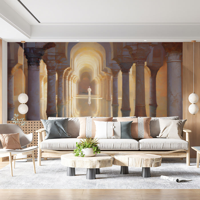 Golden Moorish Column Reflections Wall Mural Custom Size, Peel and Stick or Non-Woven, Classical Architecture Wallpaper for Living Room or Hallway