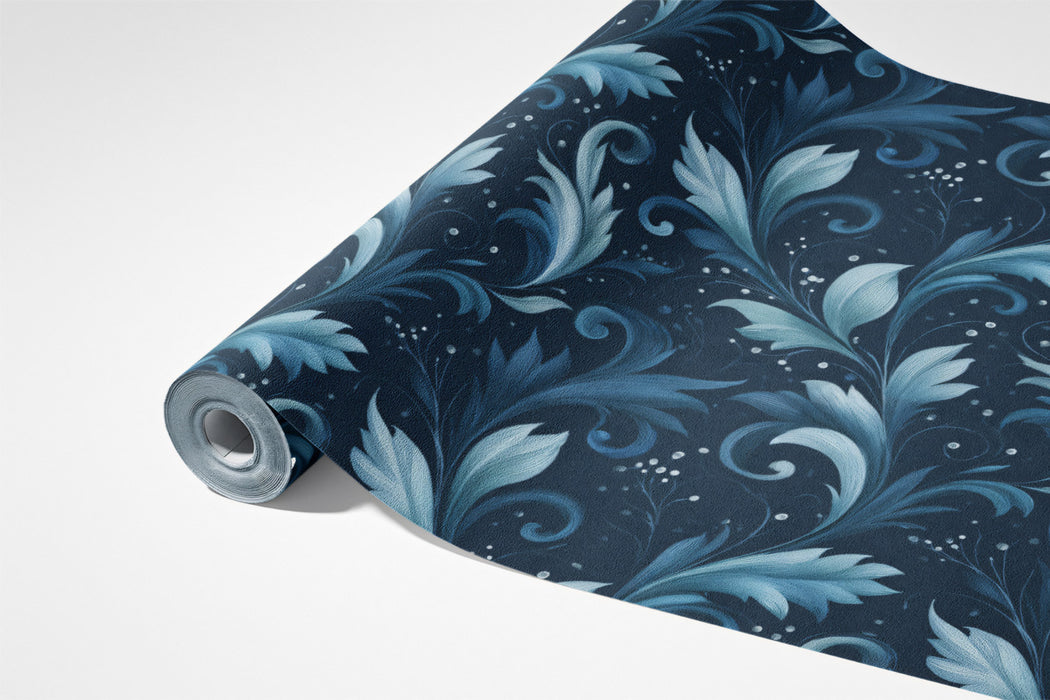 Elegant Blue Acanthus Leaf Damask Wall Mural Custom Size, Peel and Stick or Non-Woven, Classic Floral Pattern Wallpaper for Living Room