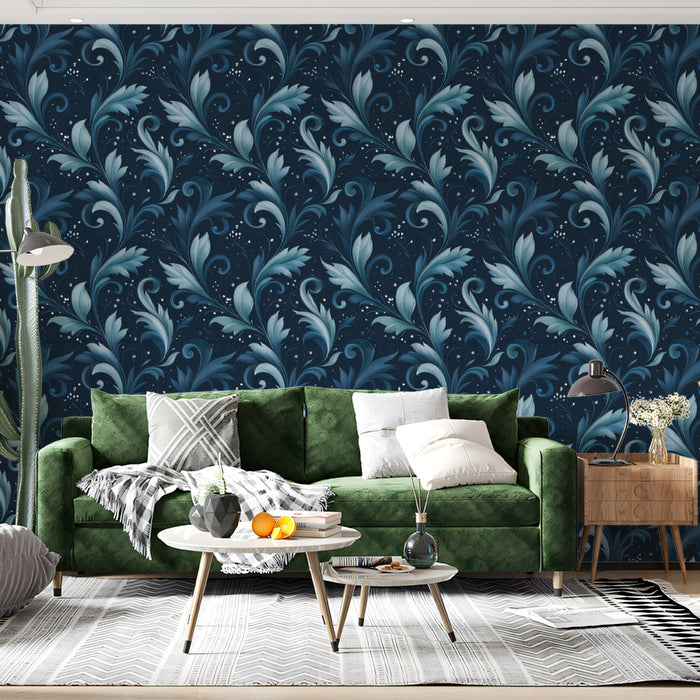 Elegant Blue Acanthus Leaf Damask Wall Mural Custom Size, Peel and Stick or Non-Woven, Classic Floral Pattern Wallpaper for Living Room