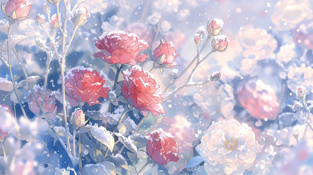 Frosty Pink Rose Floral Wall Mural Custom Size, Peel and Stick or Non-Woven, Winter Blossom Wallpaper for Bedroom or Dining Room