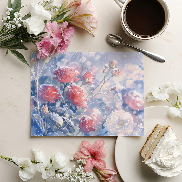 Frosty Pink Rose Floral Wall Mural Custom Size, Peel and Stick or Non-Woven, Winter Blossom Wallpaper for Bedroom or Dining Room