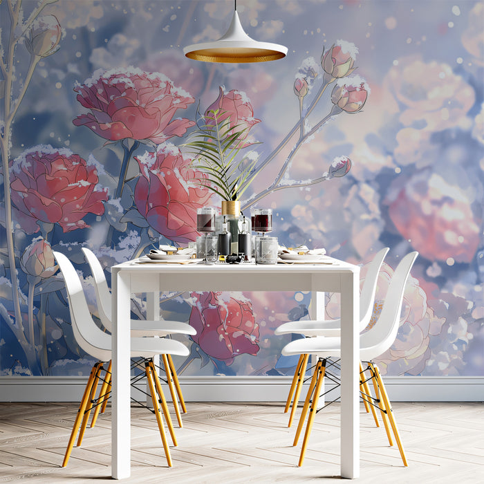 Frosty Pink Rose Floral Wall Mural Custom Size, Peel and Stick or Non-Woven, Winter Blossom Wallpaper for Bedroom or Dining Room