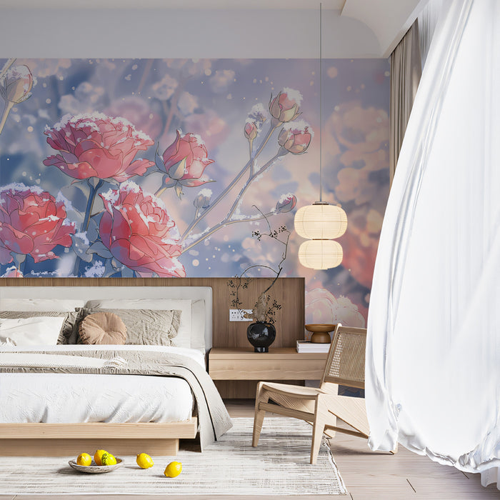 Frosty Pink Rose Floral Wall Mural Custom Size, Peel and Stick or Non-Woven, Winter Blossom Wallpaper for Bedroom or Dining Room