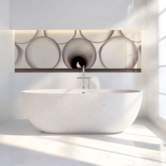 Conceptual Industrial Pipes and Bird Wall Mural Custom Size, Peel and Stick or Non-Woven, Minimalist Geometric Wallpaper for Study or Bathroom