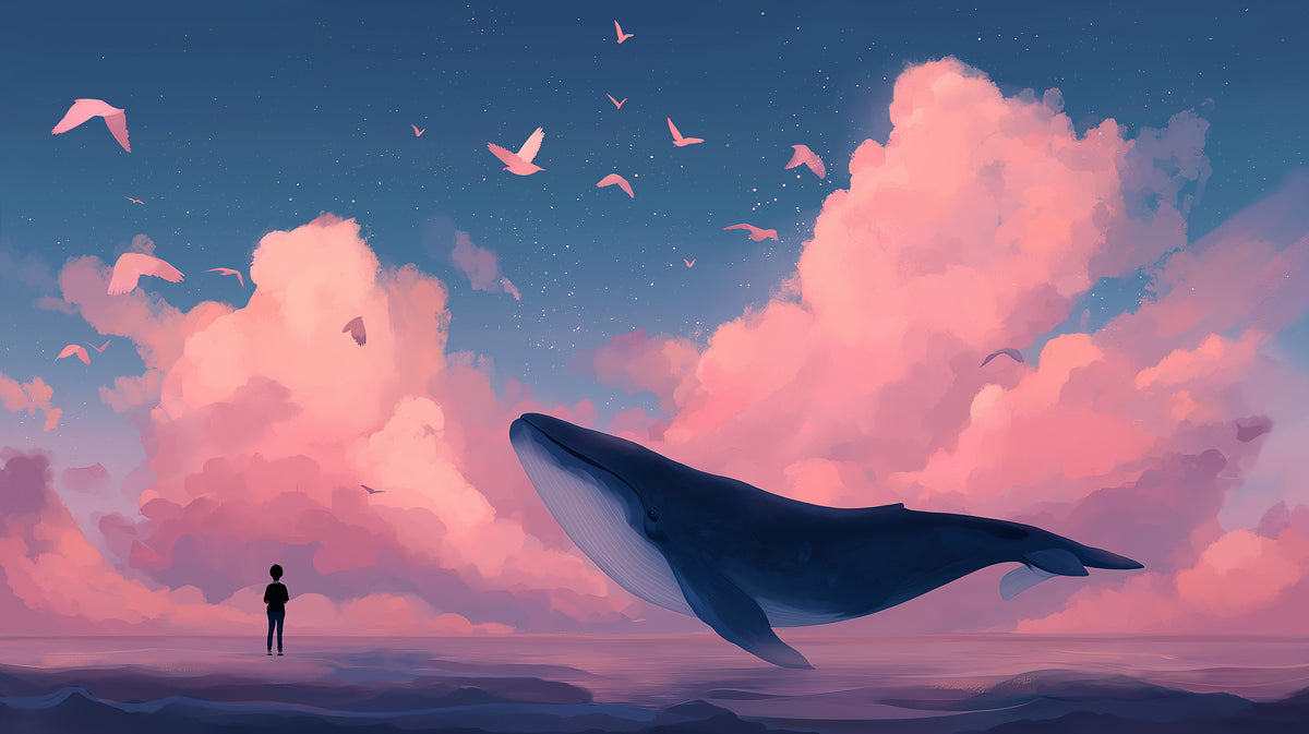Dreamy Flying Whale and Pink Clouds Wall Mural Custom Size, Peel and Stick or Non-Woven, Fantasy Ocean Wallpaper for Bedroom or Nursery