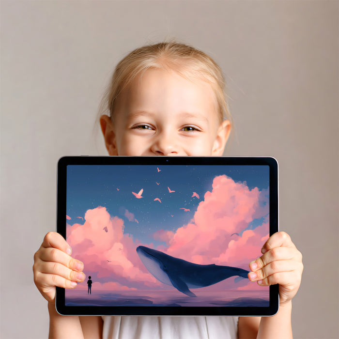 Dreamy Flying Whale and Pink Clouds Wall Mural Custom Size, Peel and Stick or Non-Woven, Fantasy Ocean Wallpaper for Bedroom or Nursery