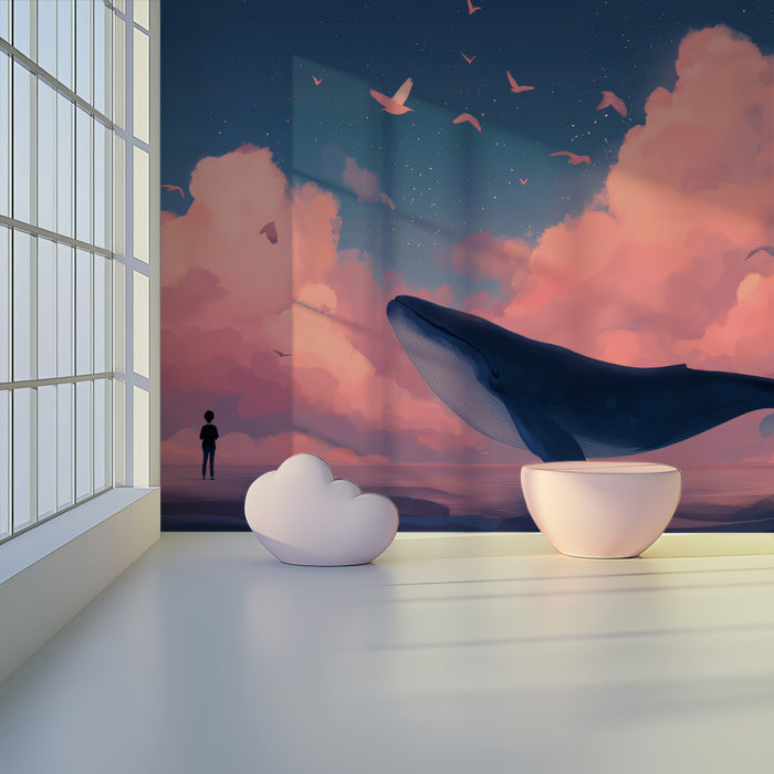 Dreamy Flying Whale and Pink Clouds Wall Mural Custom Size, Peel and Stick or Non-Woven, Fantasy Ocean Wallpaper for Bedroom or Nursery