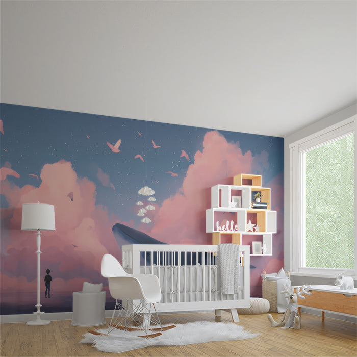 Dreamy Flying Whale and Pink Clouds Wall Mural Custom Size, Peel and Stick or Non-Woven, Fantasy Ocean Wallpaper for Bedroom or Nursery