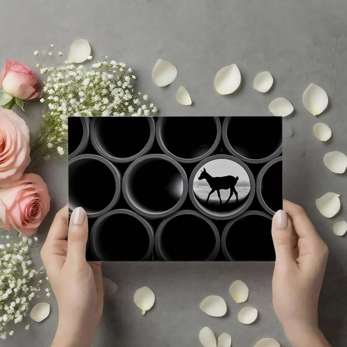 Monochromatic Stacked Pipes and Deer Silhouette Wall Mural Custom Size, Peel and Stick or Non-Woven, Conceptual Wildlife Wallpaper for Office or Study