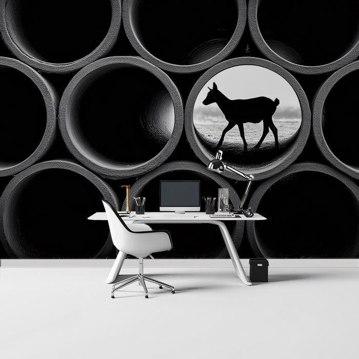 Monochromatic Stacked Pipes and Deer Silhouette Wall Mural Custom Size, Peel and Stick or Non-Woven, Conceptual Wildlife Wallpaper for Office or Study
