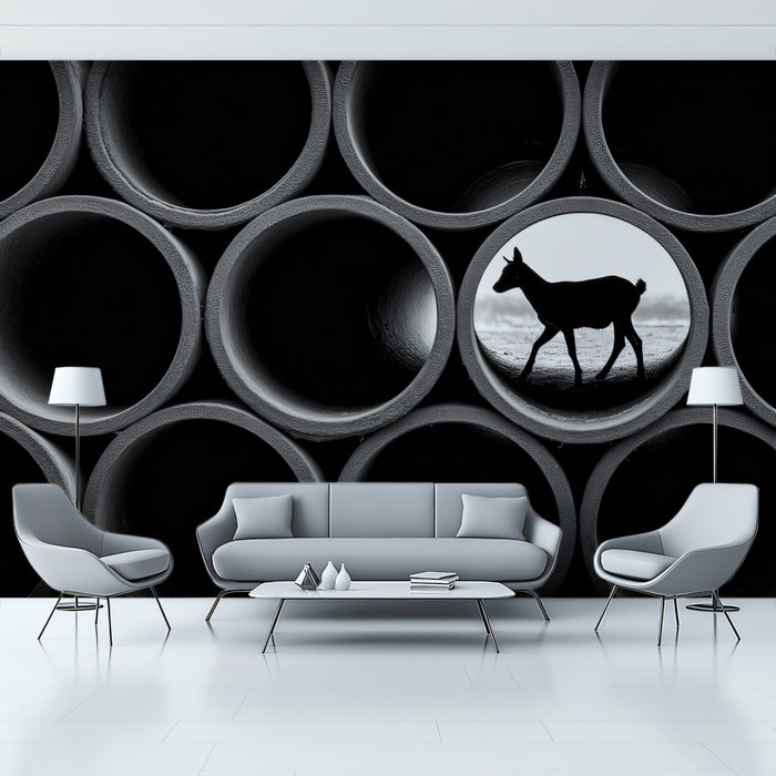 Monochromatic Stacked Pipes and Deer Silhouette Wall Mural Custom Size, Peel and Stick or Non-Woven, Conceptual Wildlife Wallpaper for Office or Study