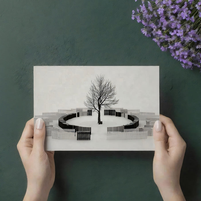 Mural de Pared Surrealista de Cercos Concentricos y Árboles de Invierno, a Medida, Desprende y Pega o No Tejido, Papel Pintado Minimalista Abstracto para Oficina o Dormitorio