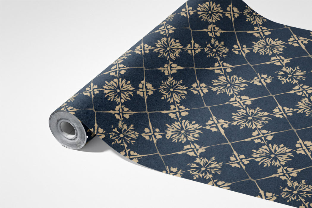 Elegant Navy and Gold Trellis Floral Wall Mural Custom Size, Peel and Stick or Non-Woven, Classic Geometric Pattern Wallpaper for Exhibition Hall or Dining Room