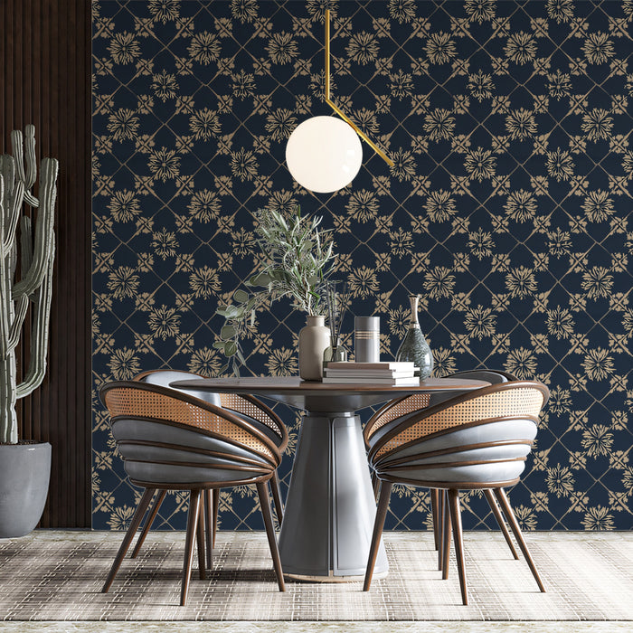 Elegant Navy and Gold Trellis Floral Wall Mural Custom Size, Peel and Stick or Non-Woven, Classic Geometric Pattern Wallpaper for Exhibition Hall or Dining Room
