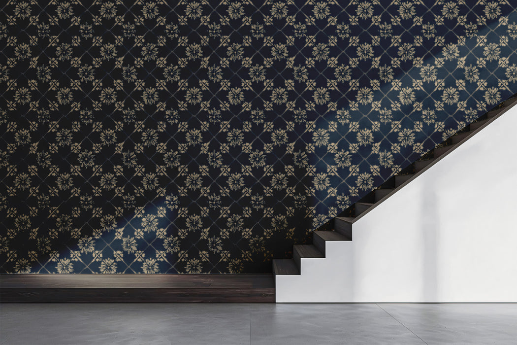 Elegant Navy and Gold Trellis Floral Wall Mural Custom Size, Peel and Stick or Non-Woven, Classic Geometric Pattern Wallpaper for Exhibition Hall or Dining Room