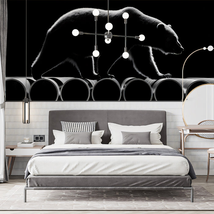 Monochromatic Bear Silhouette and Pipes Wall Mural Custom Size, Peel and Stick or Non-Woven, Modern Wildlife Wallpaper for a Hallway or Bed Room