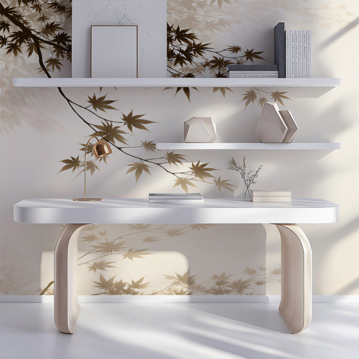 Minimalist Zen Maple Leaves and Water Reflection Wall Mural Custom Size, Peel and Stick or Non-Woven, Calming Asian Botanical Wallpaper for Bathroom or Study