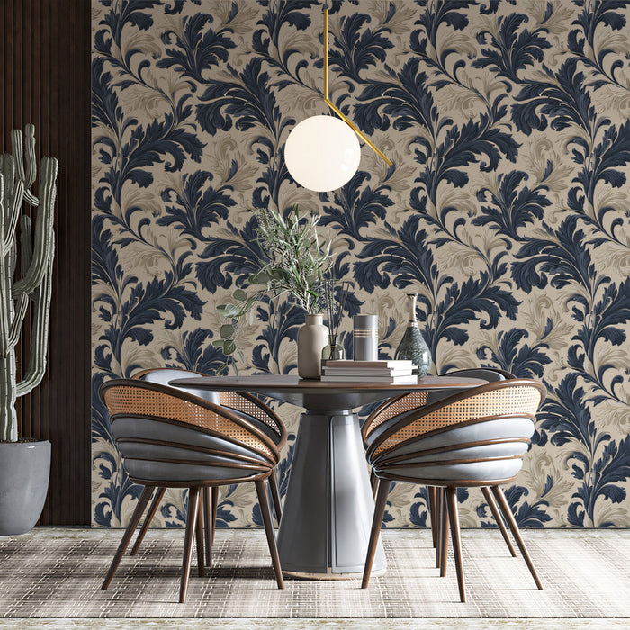 Elegant Navy Baroque Foliage Pattern Wall Mural Custom Size, Peel and Stick or Non-Woven, Luxurious Classic Damask Wallpaper for Dining Room Bedroom