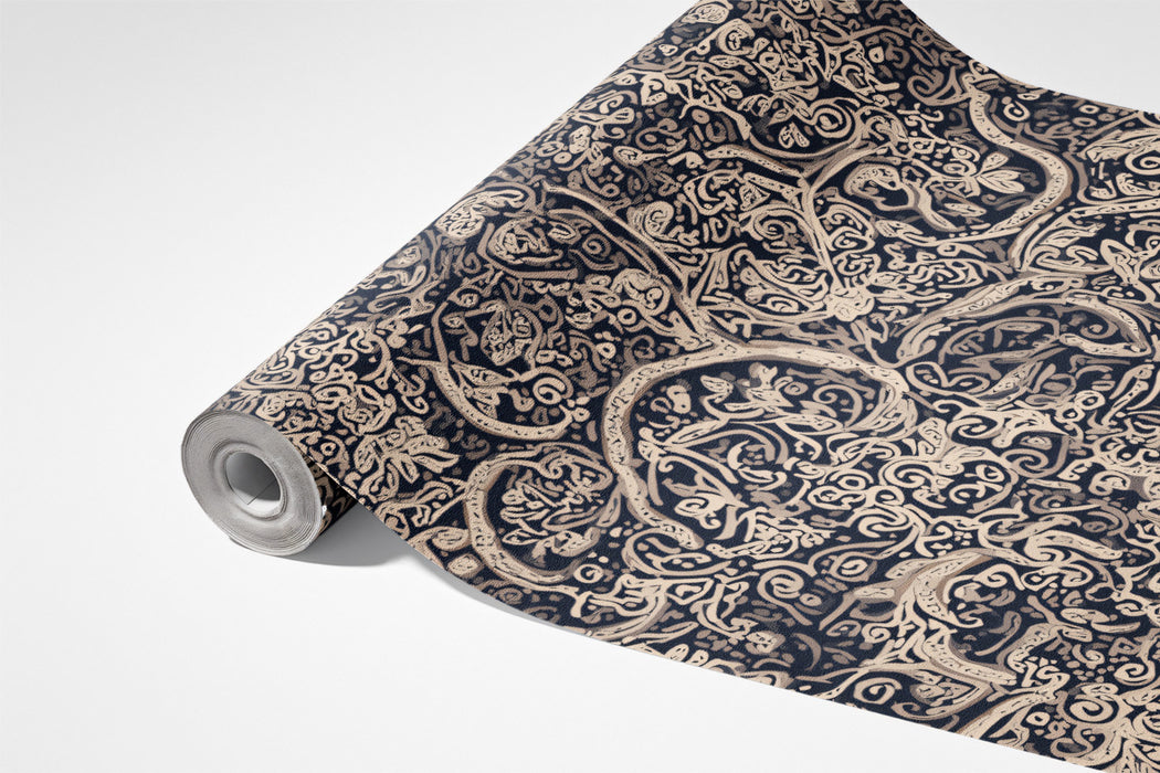 Intricate Dark Filigree Tangled Vines Wall Mural Custom Size, Peel and Stick or Non-Woven, Maximalist Gothic Texture Wallpaper for Office or Dining Room