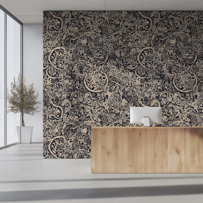 Intricate Dark Filigree Tangled Vines Wall Mural Custom Size, Peel and Stick or Non-Woven, Maximalist Gothic Texture Wallpaper for Office or Dining Room