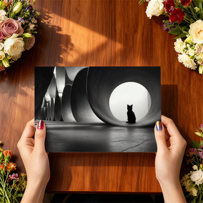 Monochromatic Cat Silhouette and Pipes Wall Mural Custom Size, Peel and Stick or Non-Woven, Minimalist Pet Wallpaper for Bed or Living Room